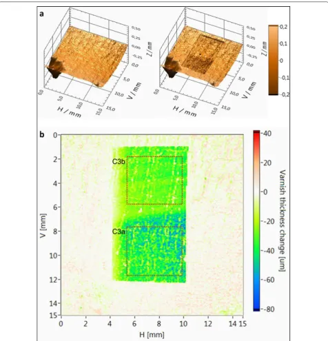 Fig. 3 a Varnish surface maps of the test areas C3a and C3b before (left) and after cleaning (right) rendered from OCT data