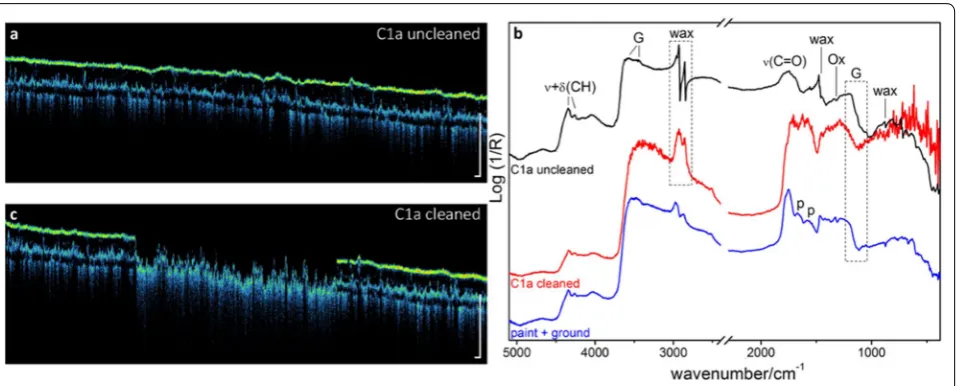 Fig. 4 OCT and reflection FT-IR results for the laser cleaning performed on test area C1a of the tomogram recorded before the cleaning; calcium oxalates)