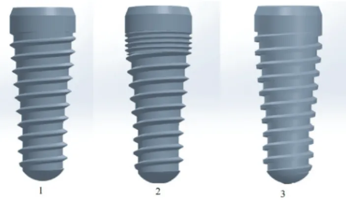Fig. 3. Three models of dental implants with diff erent thread designs