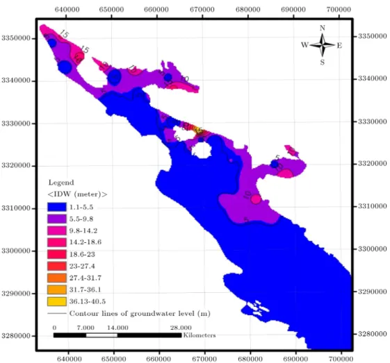 Figure 7. Subsurface water contour lines in Marvdasht plain (2005-06).