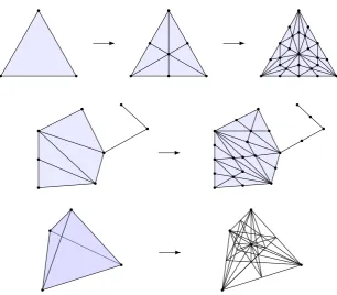 Figure 1.5: Examples of barycentric subdivision (the right-most tetrahedron is drawnwithout ﬁlled-in faces to aid clarity)