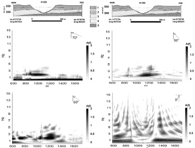 Fig. 7. A(f ) functions obtained by the 2-D numerical modeling of the seismic wave propagation with different incidence angles (i.e