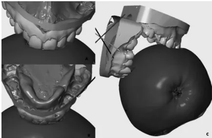 Fig. 4. A 3D comparison of features of  the maxillary teeth (A), of the mandible  (B) separately, and maxilla and  man-dible together (C) of individual  partici-pating in the experiment and bitemarks  (“bite-into”) on apple using GOM  Inspect V7 SR2 softwa