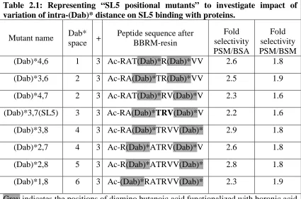 Table 2.1: Representing “SL5 positional mutants” to investigate impact of variation of intra-(Dab)* distance on SL5 binding with proteins