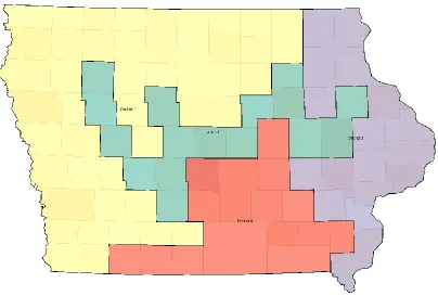 Figure 4.2 An Iowa plan of four districts with a population deviation (PopDev) of 4.5