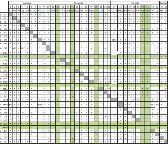 Table A.1 is a connectivity matrix for interconnections between areas in the macaque visual cortex