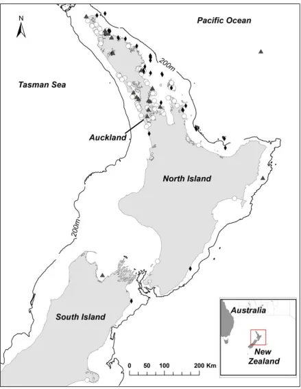 Figure 1. Distribution of green turtle records from New Zealand from 1895 to July 2013 (n = 194)