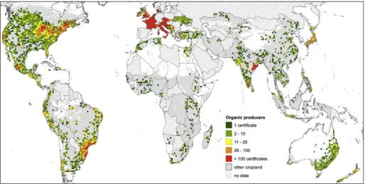Fig. 1. Global spatial distribution of collected organic crop farmers' certiﬁcates. The map presents the total number of all collected data aggregated to 100 × 100 kmspatial units (Eckert IV equal area projection)