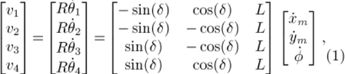 Figure 4 shows the relationship between the four- four-wheeled chassis design structure and velocity vectors, and the four-wheeled movement equation is represented in Eq