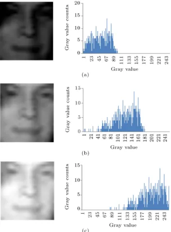 Figure 1. Face illumination distribution statistics: (a) A low brightness image and its grayscale histogram; (b) a normal brightness image and its grayscale histogram; and (c) a high brightness image and its grayscale histogram.