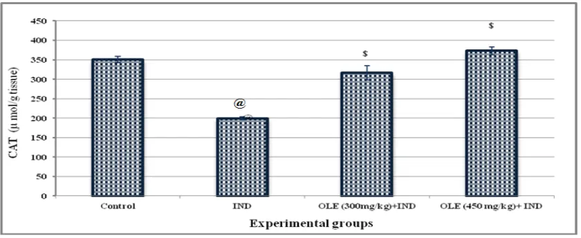Figure 1: Effect of OLE on gastric catalase (CAT) (µmol/g tissue) activity in ulcer rats low and high dose groups