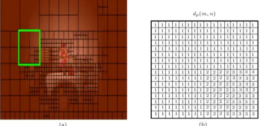 Figure 9. Example of co-located CBT depth array: (a) Previously encoded frame; and (b) co-located CBT depth d p (m; n).