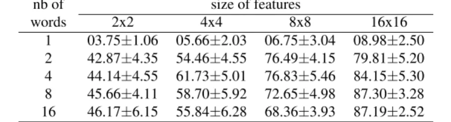 Table 1. Accuracy of the Kmeans+SMG setup different dictionary and feature vector sizes.