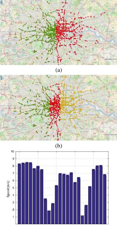 Fig. 3. Map of traffic in London from 12 P.M. to 1 P.M. of January 23, 2015. Free intersections are shown in green, heavily congested ones in red