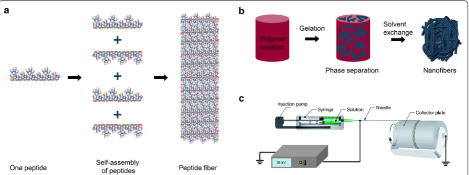 Fig. 2 Schematic diagram of nanofiber fabrication techniques. a Self‑assembly. Reproduced with permission from [24], Nature publication