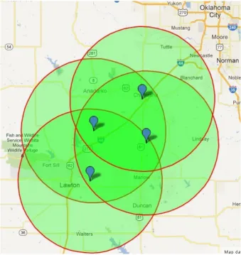 Fig. 2. The layout and location of the IP1 weather radar network. The coverage circles of IP1 radar are in radius of 40 km.
