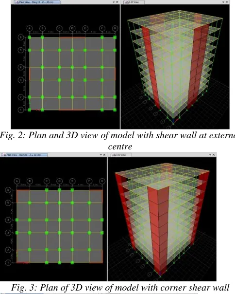 Fig. 2: Plan and 3D view of model with shear wall at external  centre 