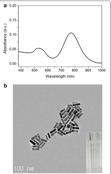 Fig. 1 a UV–vis absorption spectrum of Au NRs. b TEM image of the Au NRs. (Inset: photograph of the Au NR colloid solutions)