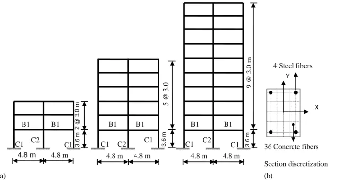 Figure 2: (a) Geometry of frames and (b) section descritization elements