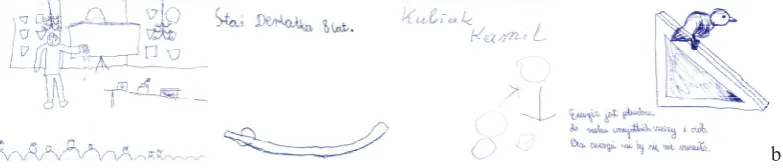 Figure 11: “Draw what you remember!” from the lecture „Going downhill” for UniKids in Brzeg and Namysłów, four months year later: a) an accurately reported show of experiments (8 years old); b) the most important experiment: the introduction of the energy 
