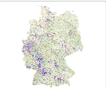 Figure 5 Distribution of users who contributed data. Locations which were dropped from the dataset aftercleaning of the data are indicated with a red dot, blue dots indicate locations considered in the study afterdata cleaning