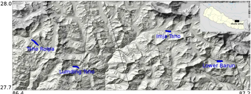 Fig. 3. Location map of the glacial lakes of interest in Nepal with footprints of the TerraSAR-X acquisitions (black frames)