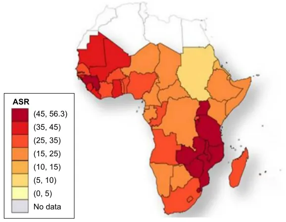 Figure 2 Cervical cancer age-standardized incidence rates per 100,000 women in 2008.Note: Reproduced with permission from Ferlay J, Shin HR, Bray F, Forman D, Mathers C and Parkin DM