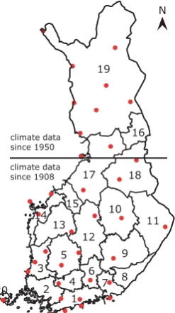 Fig. 1. Study regions are numbered from 1 to 20. Red dots markthe locations of the observation stations with FFI data