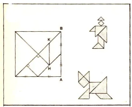 Figure 1: Basic elements of the tangram and figures constructed by them (drawn from Checcucci, 1971a, p
