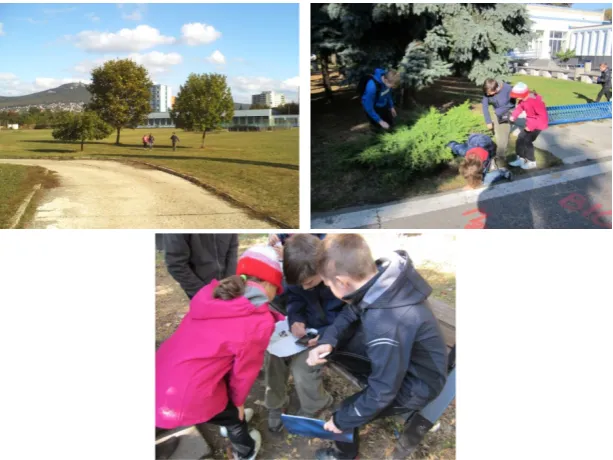 Figure 2: Team A during their expedition (navigating, looking for a cache, up-dating GPS coordinates).