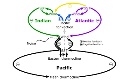 Fig. 0: Pan-tropical feedbacks affecting ENSO. Black loop represents internal Pacific fast positive 