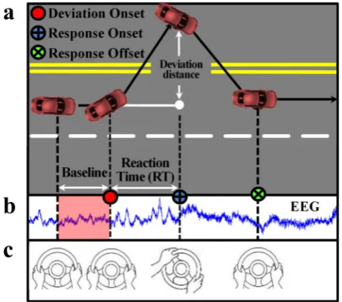 Fig. 2 Experimental design. (a) Event-related lane-deviation paradigm. (b,c) EEG and behaviour were recorded simultaneously.