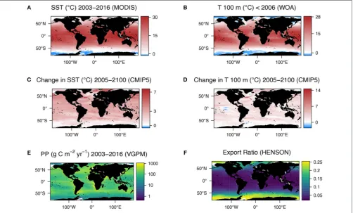 FIGURE 1 | (A) Global mean sea surface temperature climatology for 2003–2016 derived from AQUA MODIS satellite data.chosen export depth) from WOA data collected over 1955–2012, heavily weighted toward the latter years.from 1986–2005 to 2081–2100 predicted 