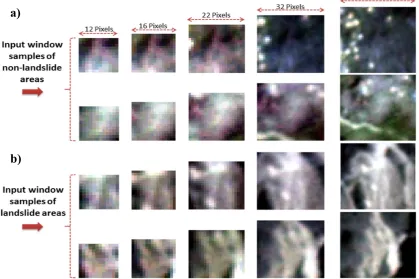 Figure 6. An illustration of convolution input window sizes from (Figure 6.(a) two non-landslide areas and (b) two landslide areas
