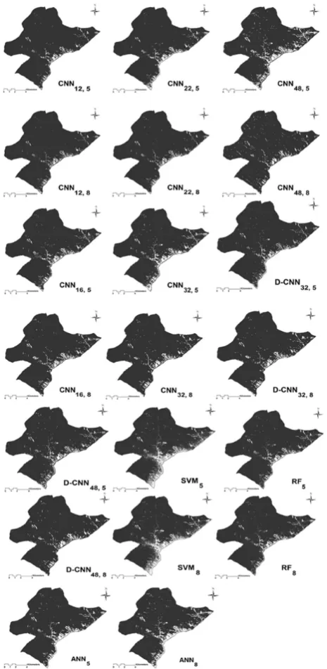 Figure 7. Landslide detection results using different ML and CNN methods, training datasets andFigure 7