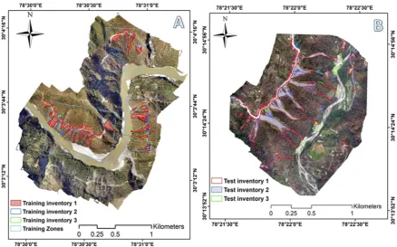 Figure 5.Figure 5. Presentation of derived inventories for (A) three zones of the training area, and (B) the testing area