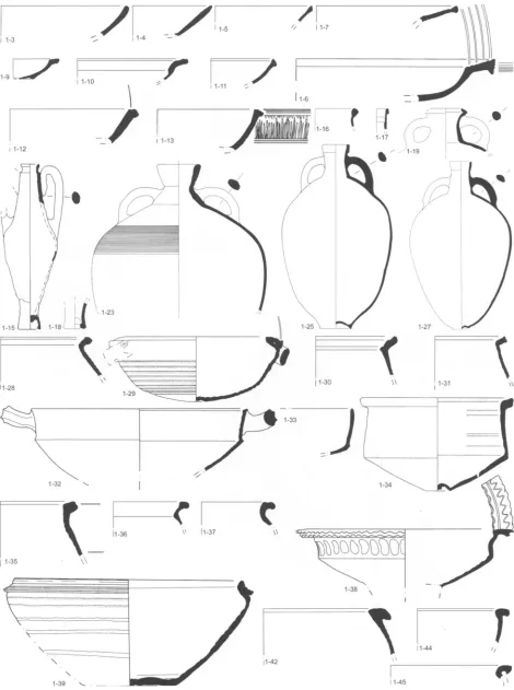 Figure 3. Assemblage 1. Scale 1:4 except amphoras 1:8 