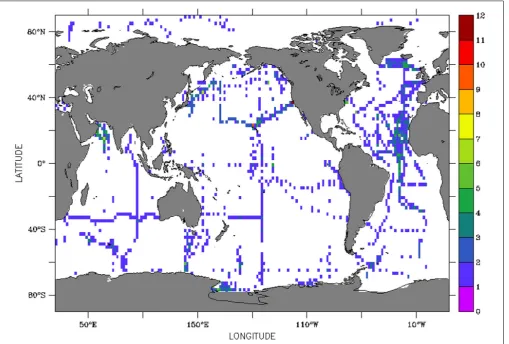 FIGURE 1 | Published dissolved Fe observations as of 2018. To highlight the limited temporal resolution of current Fe observations, the color bar shows the numberGEOTRACES IDP2017 measurements