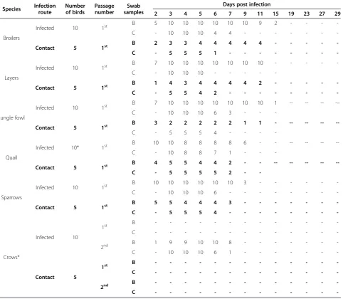 Table 2 Number of infected and contact uninfected naïve birds showing the presence of virus in buccal and cloacalswabs collected over 29 days