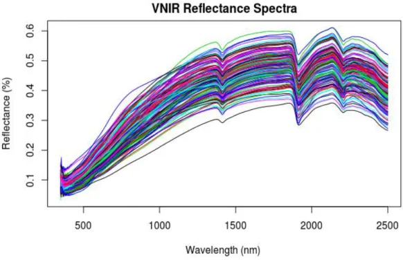Figure 3.2 VNIR raw reflectance spectra (350-2500 nm) of 156 samples collected with LabSpec 2500  spectrometer.