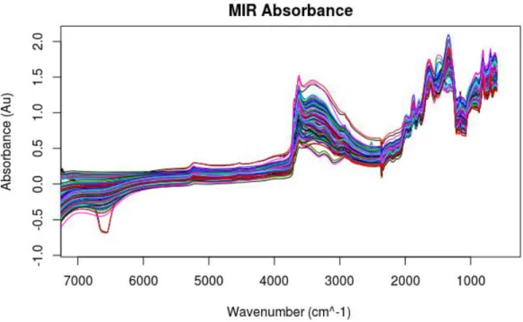 Figure 3.5 MIR raw absorbance spectra (7498 to 600 cm -1 ) of 156 samples collected with Vertex 70v FTIR  spectrometer