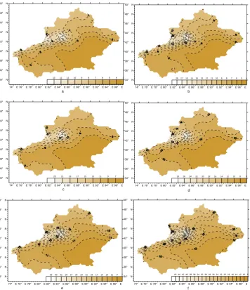 Fig. 9. Spatiotemporal distribution of estimated CWD over Xinjiang for various recurrence intervals:Figure 9    (a) 5 yr; (b) 10 yr; (c) 20 yr; (d) 30 yr;(e) 50 yr; (f) 100 yr.