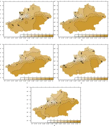 Fig. 7.Figure 7   Spatial and temporal distribution of decadal average CWD in Xinjiang:(a) 1961–1970; (b) 1971–1980; (c) 1981–1990;(d) 1991–2000; (e) 2000–2008.
