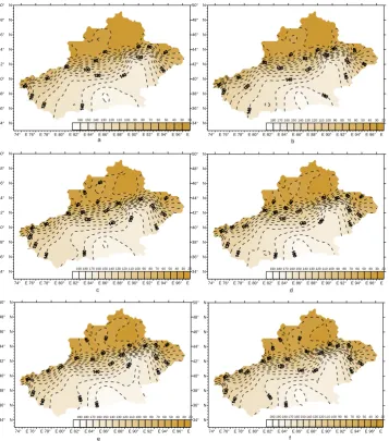 Figure 8 30 yr;(e)Fig. 8. 50 yr; Spatiotemporal distribution of the estimated CDD in Xinjiang for various recurrence intervals: (f)  (a) 5 yr; (b) 10 yr; (c) 20 yr; (d)    100 yr.