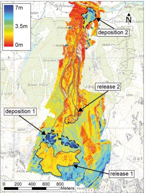 Fig. 5. Calculated snow depth,and hs in the Gatschiefer avalanche trackafter the event of April 2008