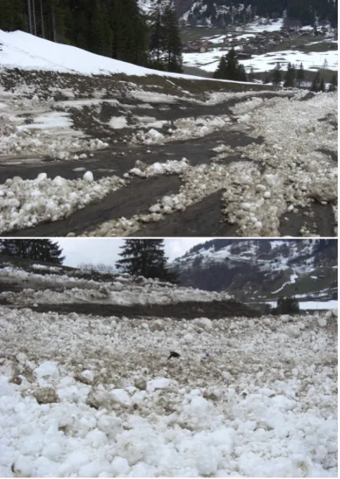 Fig. 8. Avalanche run-up along the side of the dam. Beside thedam, the ground is exposed and traces of glide are visible (upperpanel)
