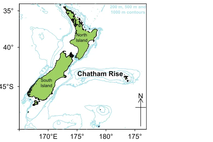 Figure 1 Map of New Zealand with Chatham Rise marked, including 200, 500, and 1,000 m isobaths.Full-sizeDOI: 10.7717/peerj.6517/ﬁg-1