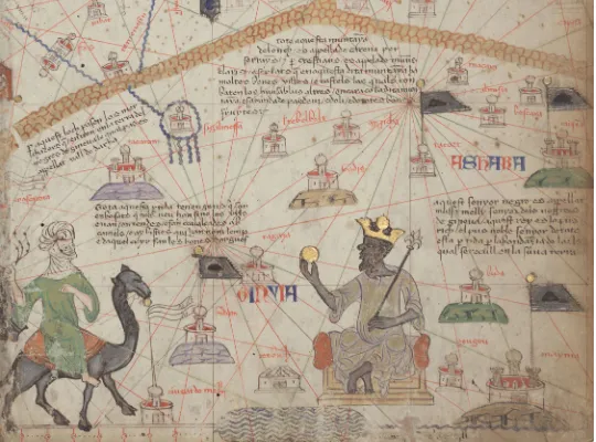 Figure 2. Mansa Musa. Catalan atlas about 1525 ACE, with the image of the King of Mali, Mansa Musa, shown with the gold that made his kingdom so wealthy (attributed to Abraham Cresques, about 1375, https://upload.wikimedia.org/wikipedia/commons/7/7a/Catalan_Atlas_BNF_Sheet_6_Western_Sahara.jpg)