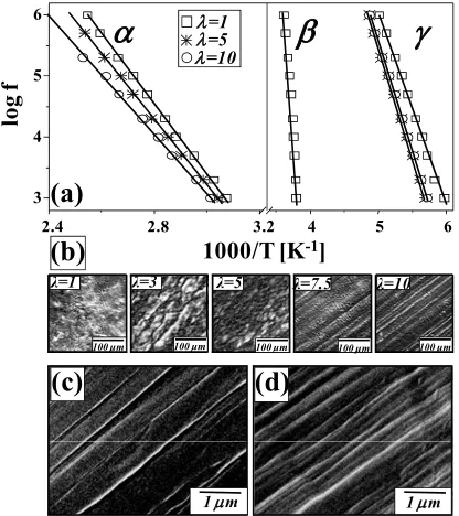 FIGURE 2.  (a) Loss map for the dielectric αArrhenius fits are presented by full curves; (b) evolution of HDPE microstructure (OM images) with draw ratio; SEM images of surface (c) and cross-section (d) of oriented (, β, and γ processes