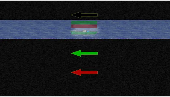 Figure 2. Screenshot of classification task, with a non-target (red arrow) and target (green arrow) responses, a ship requiring classification in the unmasked lane, and a masked unclassified ship indicated with an outlined, unfilled arrow